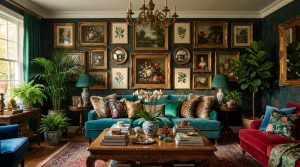 Grand salon maximaliste opulent avec mur galerie d'art, canapé turquoise velours, fauteuil rouge, plantes vertes et chandelier doré.
