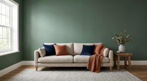 Salon moderne avec mur vert, canapé beige, coussins bleus et terracotta, table en bois avec plante séchée.