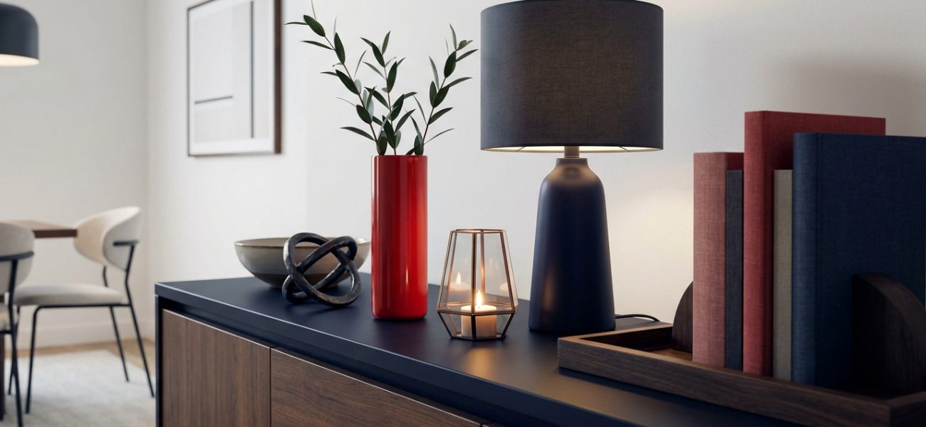 Buffet moderne et épuré décoré d'un vase rouge avec feuillage, d'une lampe, d'une bougie et de livres dans un plateau en bois.