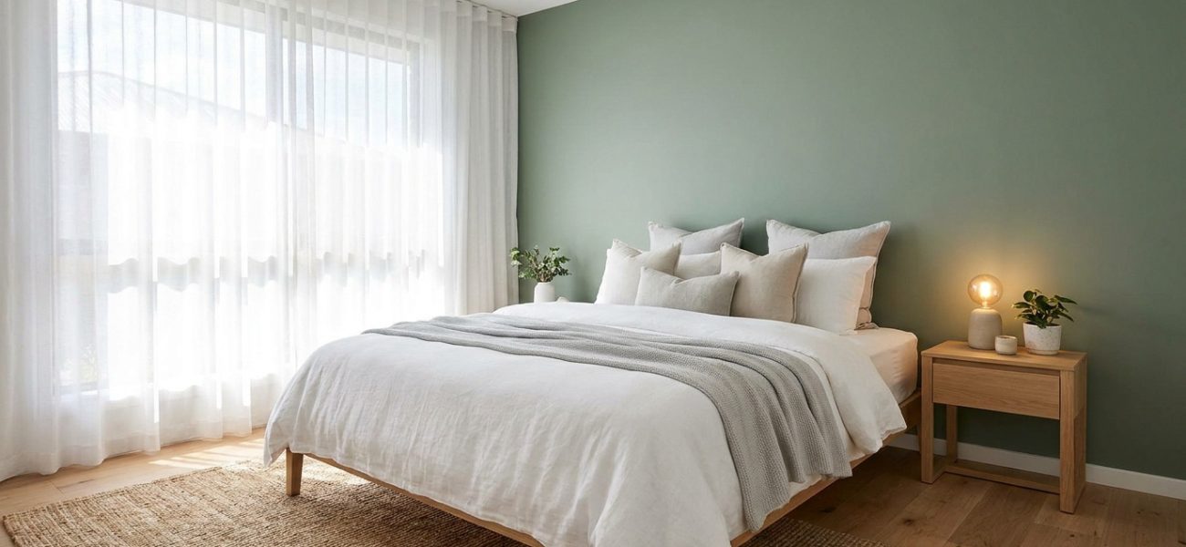 Chambre adulte moderne et lumineuse. Mur accent vert sauge, lit blanc, tapis en jute, table de nuit en bois, lumière chaude.