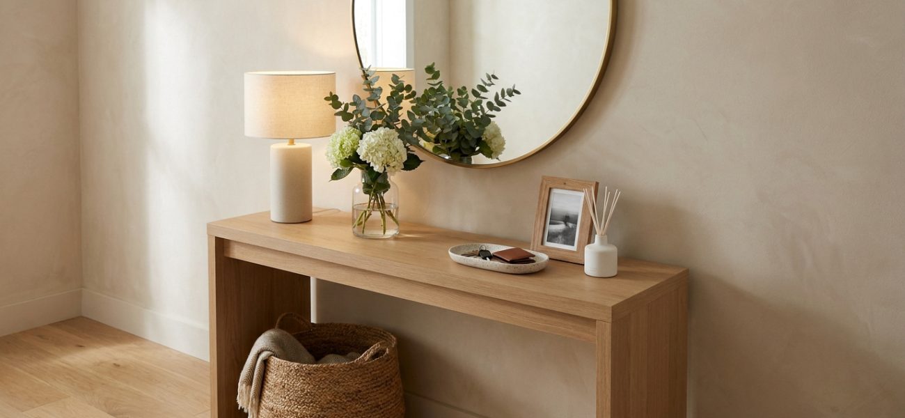 Console d'entrée en bois clair avec miroir rond doré, lampe, vase de fleurs, plateau, cadre photo et diffuseur. Un panier tressé est en dessous.
