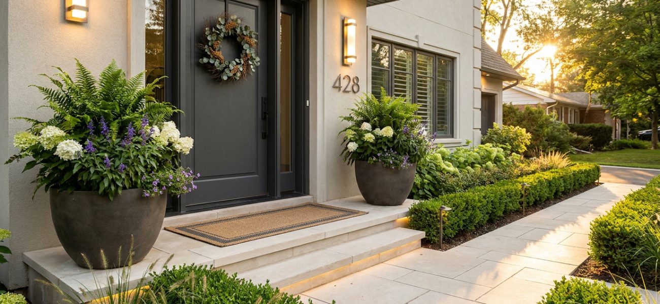 Entrée de maison moderne avec porte anthracite, couronne végétale, jardinières fleuries (fougères, hortensias), éclairage mural et allée paysagée.