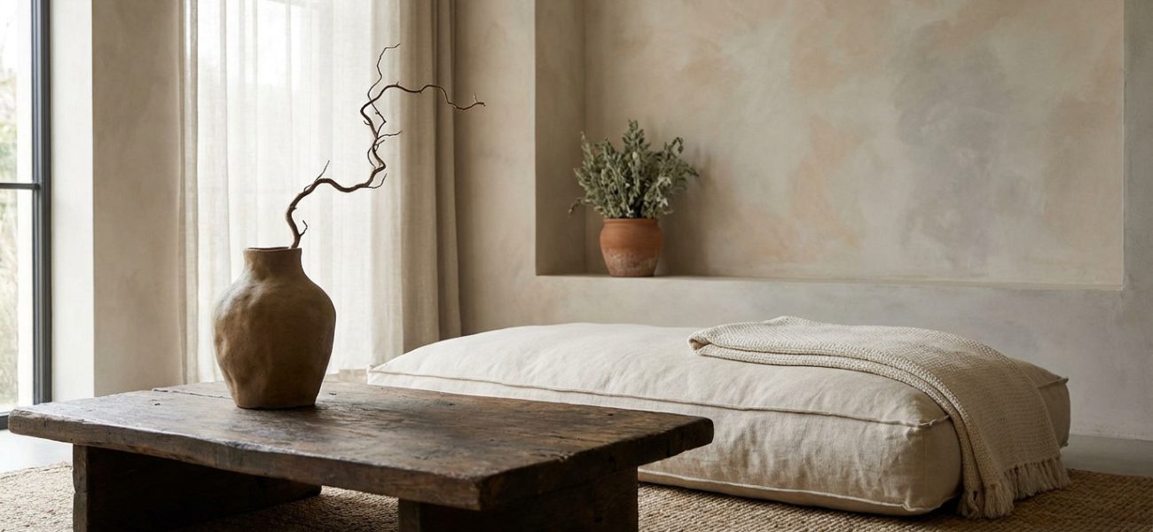 Salon style wabi sabi avec table basse en bois brut, pouf lin clair, murs texturés, vase artisanal et plantes séchées.