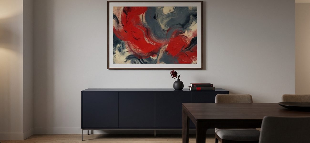 Un grand tableau abstrait rouge, gris et crème est accroché au-dessus d'un buffet bleu foncé minimaliste dans un salon moderne.