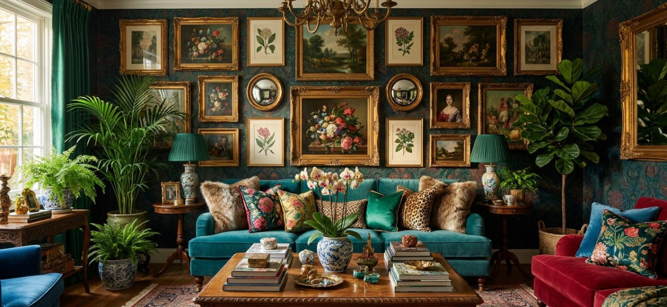 Grand salon maximaliste opulent avec mur galerie d'art, canapé turquoise velours, fauteuil rouge, plantes vertes et chandelier doré.