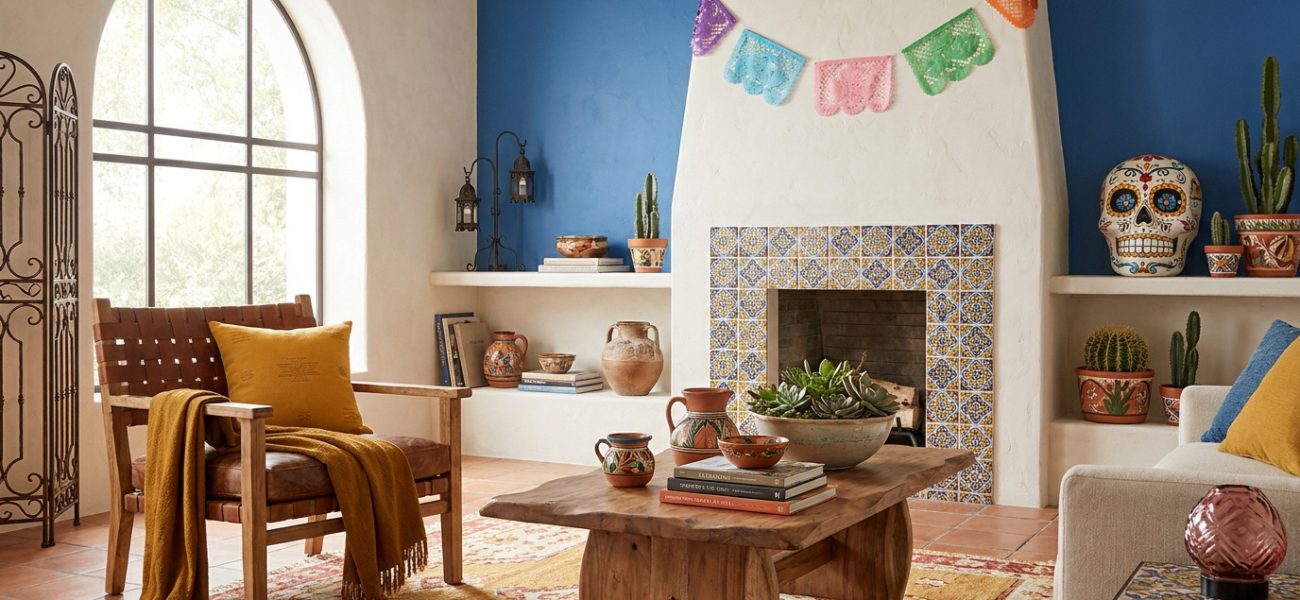 Intérieur mexicain coloré: mur bleu, cheminée carrelée, papel picado, crâne décoratif, cactus, meubles bois et poteries terre cuite.