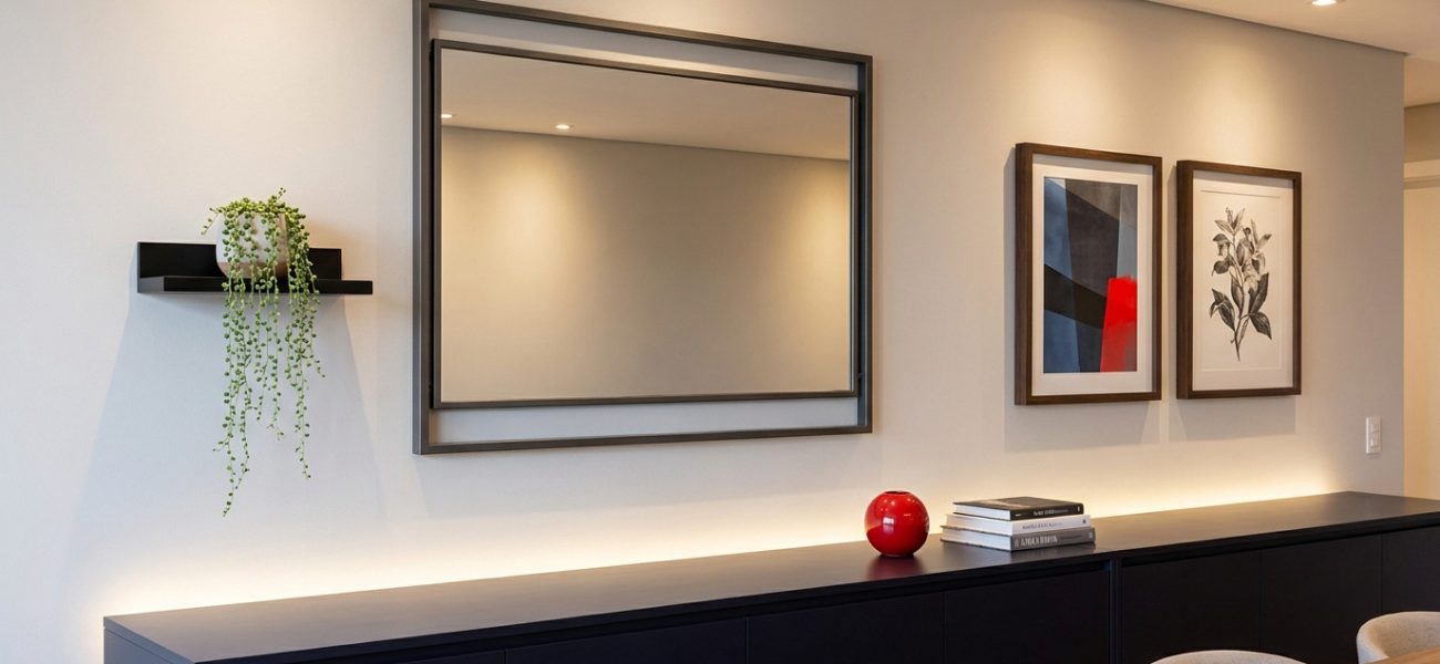 Un buffet noir moderne surmonté d'un grand miroir, de tableaux encadrés et d'une plante. Éclairage LED sous le plateau.