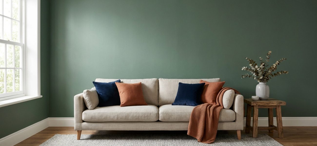 Salon moderne avec mur vert, canapé beige, coussins bleus et terracotta, table en bois avec plante séchée.