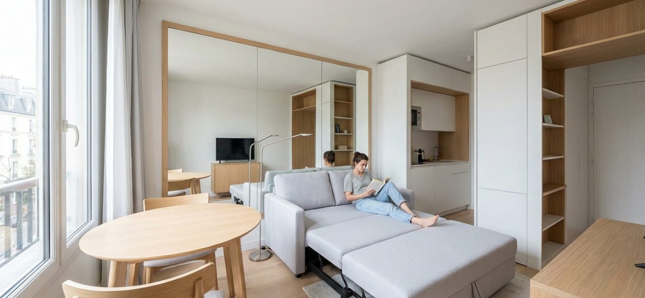 Studio lumineux avec femme lisant sur un canapé-lit gris déplié, grand miroir mural et mobilier multifonction.